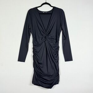ZARA Womens Large Black Long Sleeve Twist Front Ruched Bodycon Dress Office Work